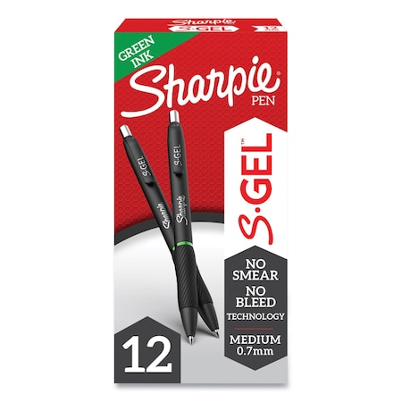Sharpie S-Gel High-Performance Gel Pen, Retractable, Medium 0.7 mm, Green Ink, Black Barrel, PK12 PK 2126216